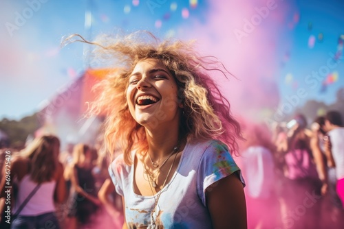 Happy young woman having fun at a music festival on a sunny day, Beautiful young woman having fun at colourful music festival, AI Generated