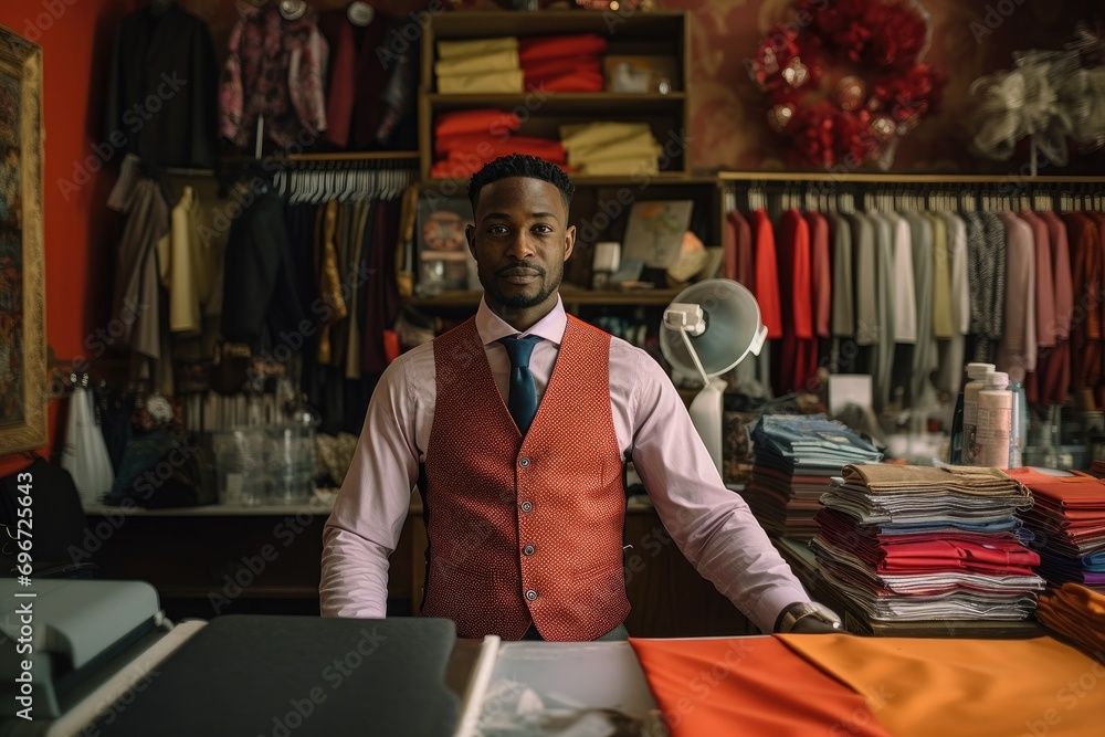 Portrait of African-American male tailor working in his workshop, Black Drycleaner business owner in his store behind counter, AI Generated