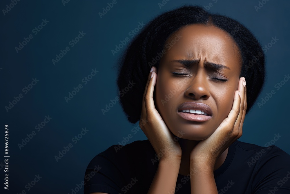 Young african american woman suffering from toothache on dark background, Black woman suffering tmj at home, AI Generated Young african american woman suffering from toothache on dark background, Black woman suffering tmj at home, AI Generated