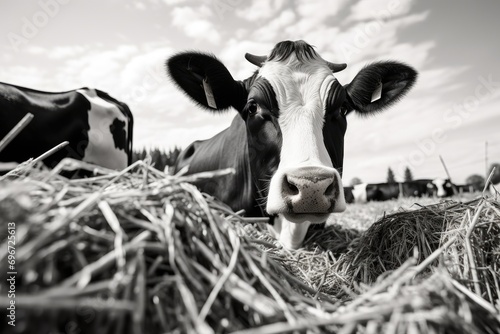 Black and white image of a cow eating hay on a farm, Black and white cow eating hay, Feeding cows, AI Generated photo