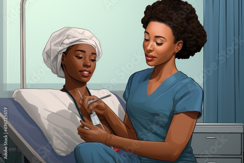 Illustration of a nurse checking blood pressure of a sick patient, Black nurse collects blood sample from female patient in exam room at medical facility, AI Generated photo