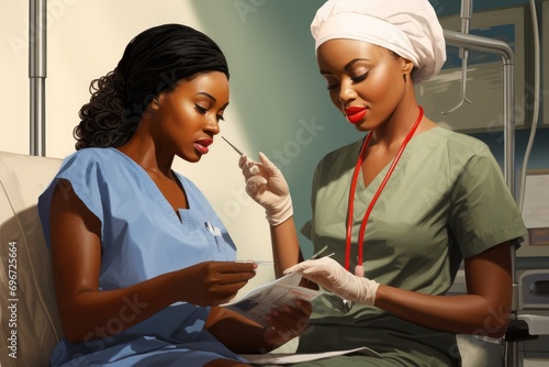 African american nurse and patient in hospital. Healthcare and medicine, Black nurse collects blood sample from female patient in exam room at medical facility, AI Generated photo