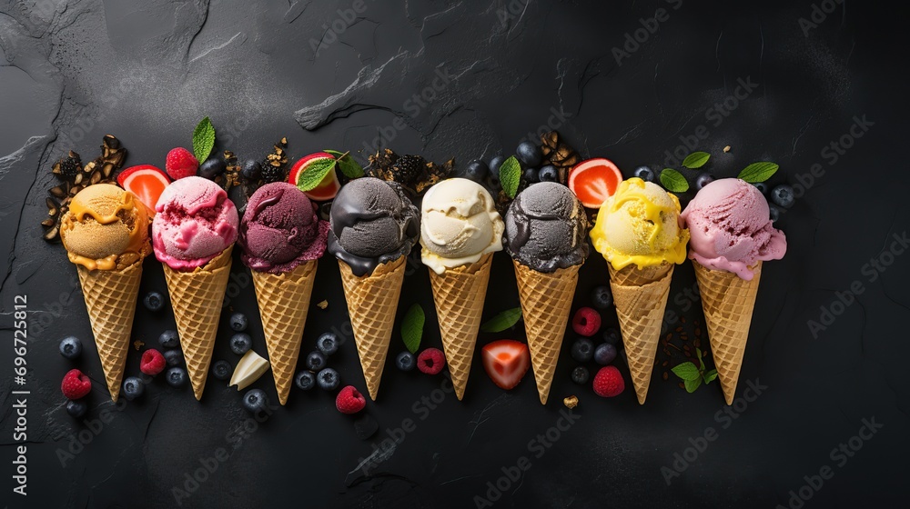 Various of ice cream flavor in cones blueberry ,strawberry ,pistachio ,almond ,orange and cherry setup on dark stone background . Summer and Sweet menu concept. copy space for text.
