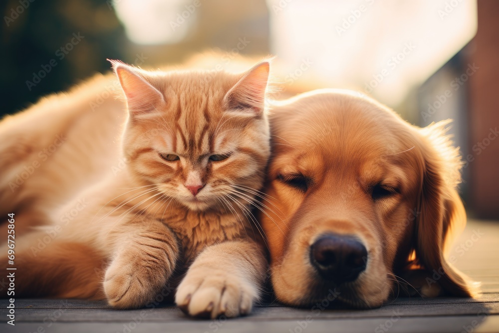 Cute ginger cat and golden retriever puppy lying on the wooden floor, British cat and Golden Retriever, AI Generated