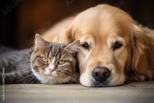 Cute Golden Retriever dog and cat lying together on wooden floor, British cat and Golden Retriever, AI Generated