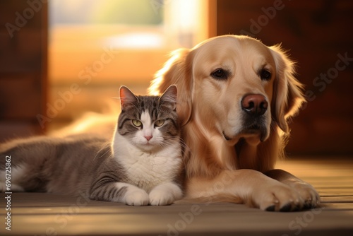Golden Retriever and cat lying together in front of a wooden house, British cat and Golden Retriever, AI Generated