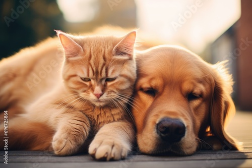 Cute ginger cat and golden retriever puppy lying on the wooden floor, British cat and Golden Retriever, AI Generated © Iftikhar alam