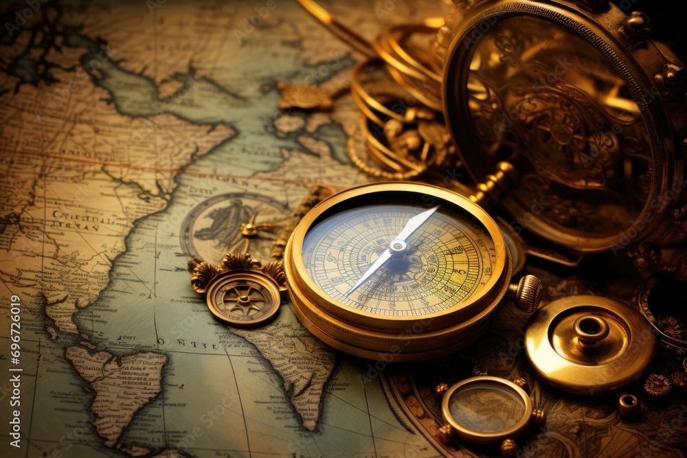 vintage compass on the old map, An old compass, telescope, and coins on an antique world map, AI Generated