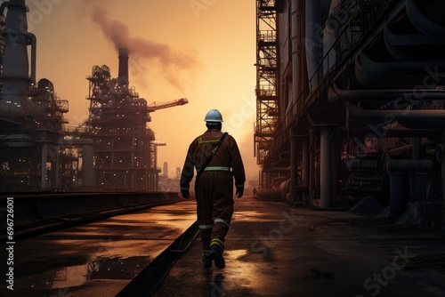 oil refinery factory, industrial worker, 3 d illustration, An offshore oil rig worker walks to an oil and gas facility to work in the process area, AI Generated