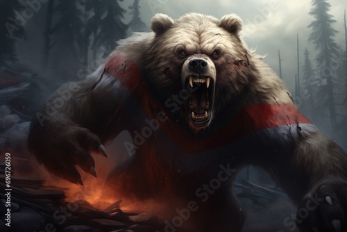 digital illustration of an american bear with a red hat and a fur, angry bear with russian flag attack the world, AI Generated