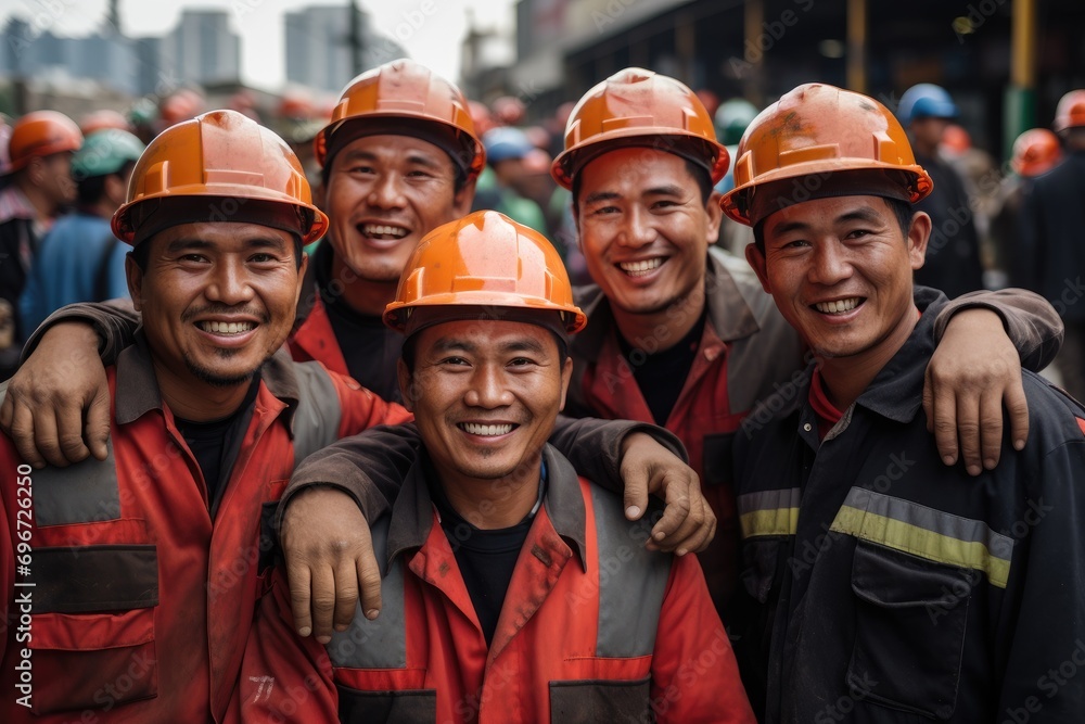 Portrait of a group of workers at the factory. Industrial workers, group of smiling construction workers wearing uniforms, AI Generated Portrait of a group of workers at the factory. Industrial workers, group of smiling construction workers wearing uniforms, AI Generated