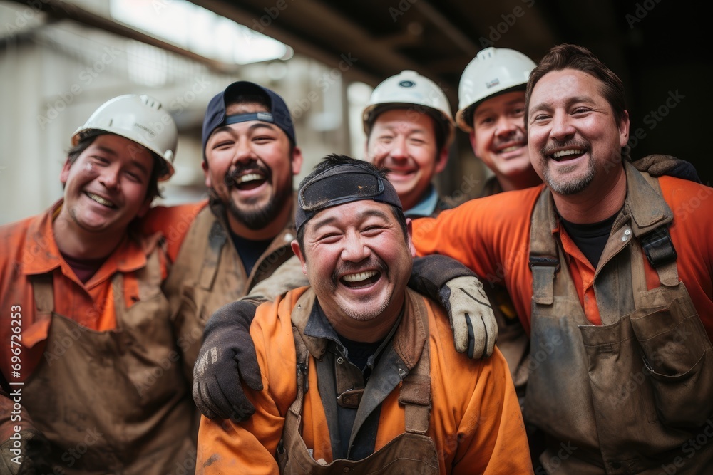 Portrait of a group of workers in a factory smiling and looking at the camera, group of smiling construction workers wearing uniforms, AI Generated Portrait of a group of workers in a factory smiling and looking at the camera, group of smiling construction workers wearing uniforms, AI Generated