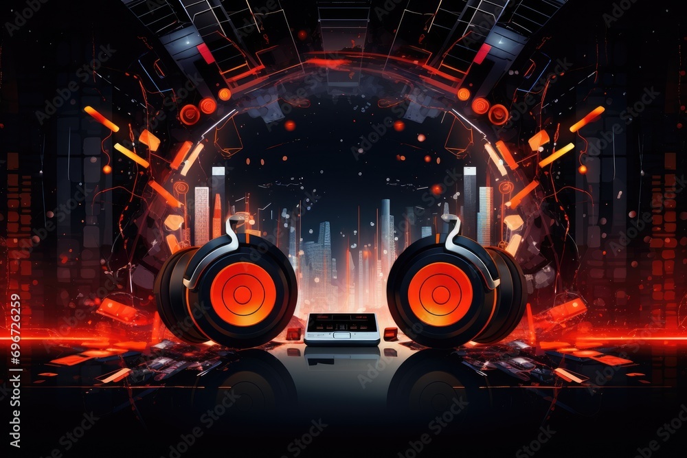 Digital illustration of  Headphones in abstract  background. Music concept, Art music studio background with dj headphones, AI Generated