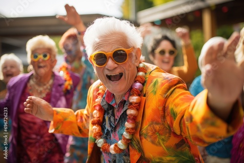 Group of seniors dancing at a music festival on a summer day, A group of seniors dressed in festive attire, dancing and celebrating at a lively community event, AI Generated