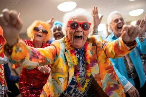 Portrait of senior people dancing at carnival in front of camera, A group of seniors dressed in festive attire, dancing and celebrating at a lively community event, AI Generated