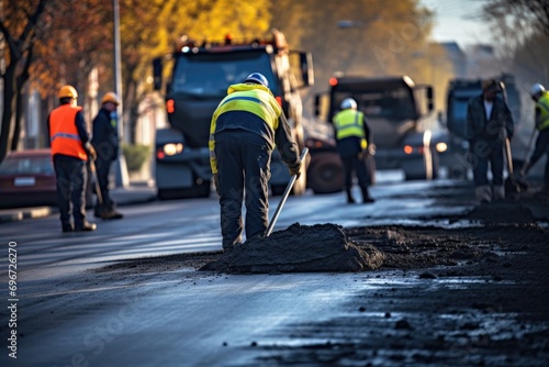 Workers on road construction site. Workers are laying new asphalt, Asphalt contractors working on road, Engineers are working on road construction, AI Generated photo