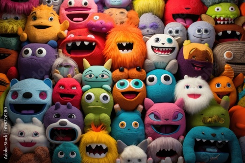 Funny monsters background, closeup of a group of colorful monsters, Assortment of colorful stuffed plush toys, AI Generated