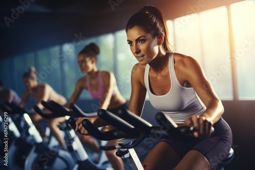 Sporty young women training on exercise bike in gym. Healthy lifestyle  Attractive young women riding stationary indoor bikes on cycling class  AI Generated