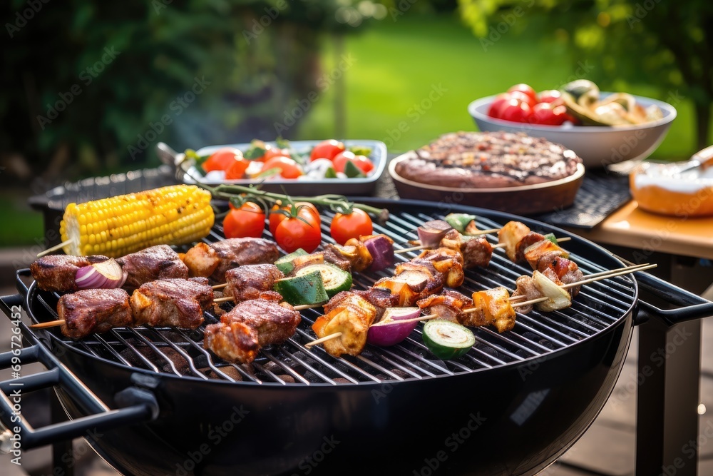 Barbecue with grilled meat, vegetables and corn on barbecue grill outdoors, Bbq with grill and grilling meat with barbecue grilling outdoors, AI Generated Barbecue with grilled meat, vegetables and corn on barbecue grill outdoors, Bbq with grill and grilling meat with barbecue grilling outdoors, AI Generated