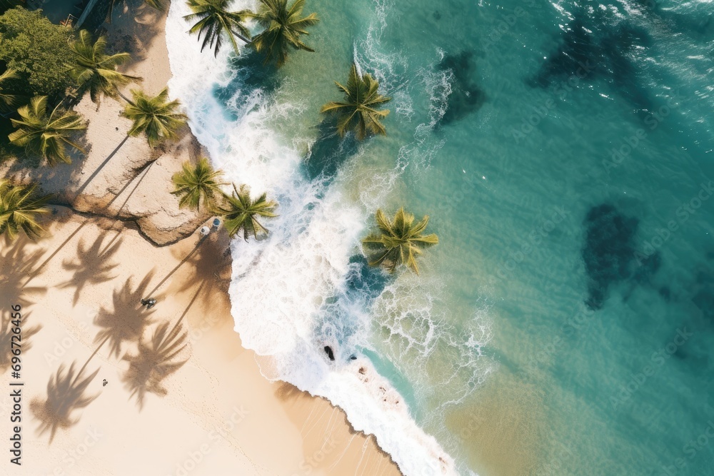 Aerial view of beautiful tropical beach and sea with coconut palm tree, Beach with palm trees on the shore in the style of birds eye view, AI Generated