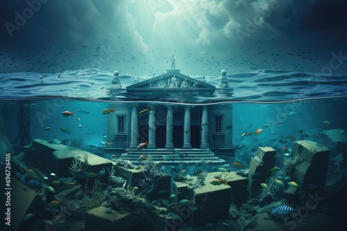 3D Illustration of an ancient Greek temple underwater with corals, Banking crisis, depiction of a bank sinking underwater, AI Generated