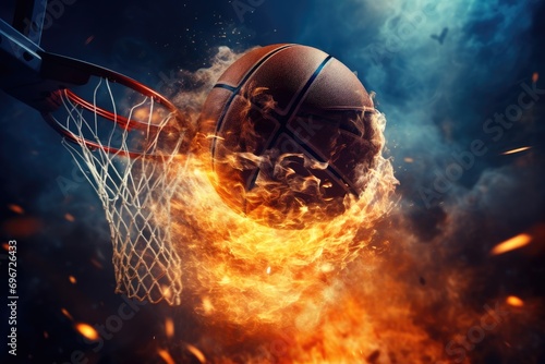 Basketball ball in the hoop with fire and smoke. Mixed media, Basketball in basket, winning shot, AI Generated © Iftikhar alam