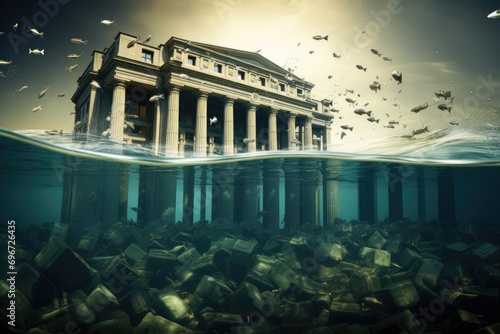 Conceptual image of Bank building sinking in water with falling money, Banking crisis, depiction of a bank sinking underwater, AI Generated photo