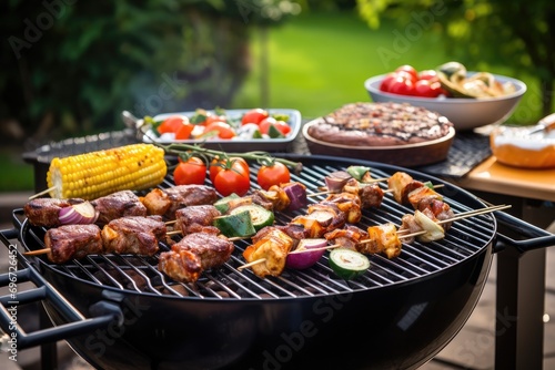 Barbecue with grilled meat, vegetables and corn on barbecue grill outdoors, Bbq with grill and grilling meat with barbecue grilling outdoors, AI Generated