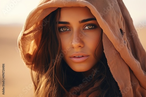 fashion outdoor photo of beautiful sensual woman with dark hair in elegant hijab posing in the desert, Beautiful arabic woman wearing veil in sandy desert, AI Generated photo