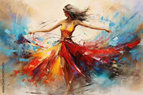 beautiful girl with long hair in a white dress dancing in the studio, ,Beautiful abstract dancer painting, AI Generated photo