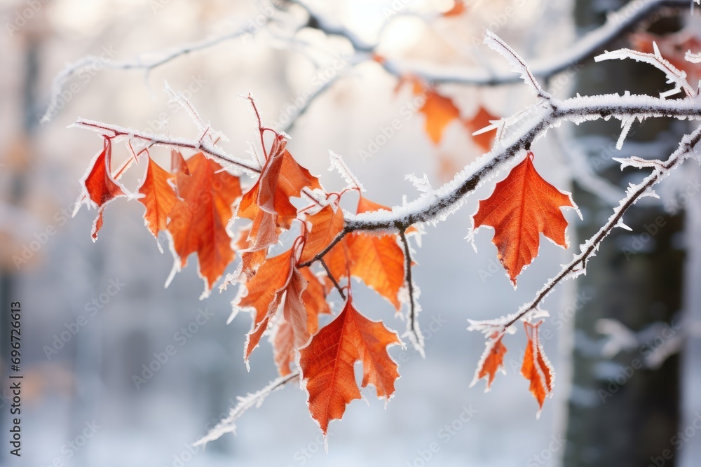 Frosty red oak leaves in winter forest. Natural background, Beautiful frozen branch with orange and yellow maple leaves in the forest, AI Generated Frosty red oak leaves in winter forest. Natural background, Beautiful frozen branch with orange and yellow maple leaves in the forest, AI Generated
