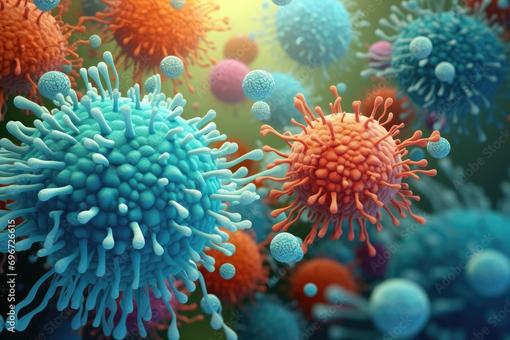 3D illustration of SARS-CoV-2 virus cells in infected organism. 3D rendering, Beautiful illustration of bacteria or virus view under microscope, AI Generated 3D illustration of SARS-CoV-2 virus cells in infected organism. 3D rendering, Beautiful illustration of bacteria or virus view under microscope, AI Generated