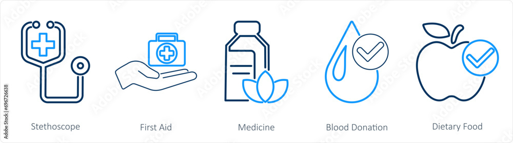 A set of 5 mix icons as stethoscope, first aid, medicine