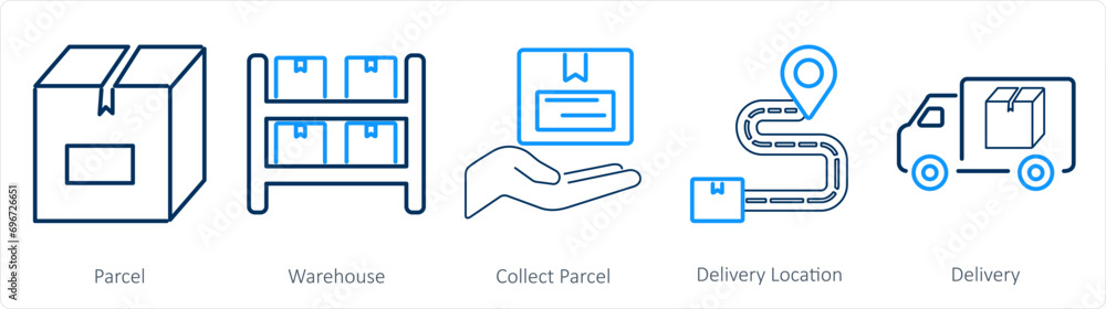 A set of 5 mix icons as parcel, warehouse, collect parcel