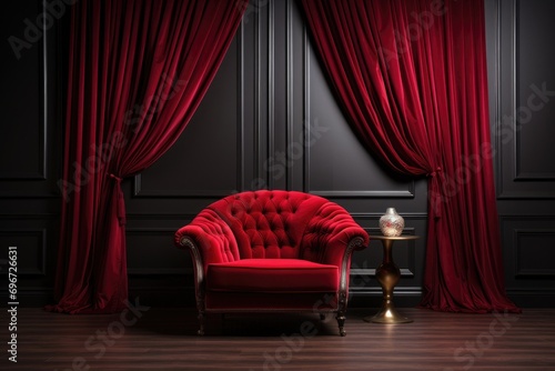 Red velvet curtains and armchair in classic interior. 3d render, Beautiful luxury classic velvet red clean interior room in classic style with velvet red soft armchair, AI Generated photo