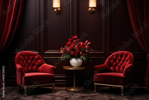 Luxury red leather armchairs in classic interior. 3d rendering, Beautiful luxury classic velvet red clean interior room in classic style with velvet red soft armchair, AI Generated