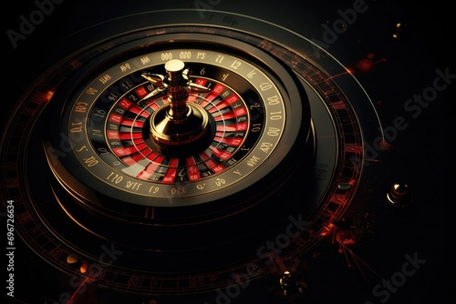 3d rendering of golden roulette wheel on black background with golden lights, Beautiful roulette on a dark background with a place for a logo or inscription, AI Generated
