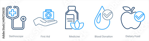 A set of 5 mix icons as stethoscope, first aid, medicine