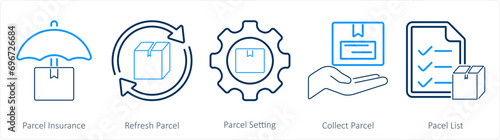 A set of 5 mix icons as parcel insurance, refresh parcel, parcel setting photo