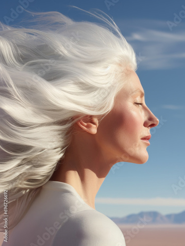 A mature woman with white hair blowing in the wind. Generative AI. photo