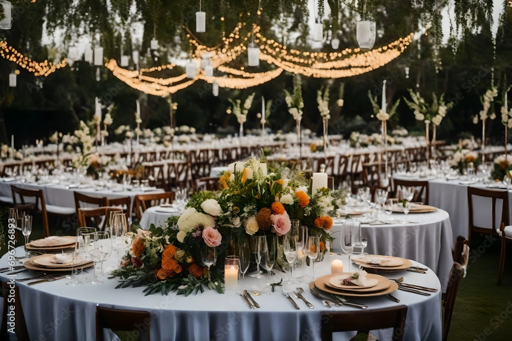 **view of a long event table with decor and flower arrangements.