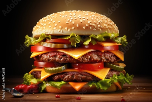 Big tasty hamburger on wooden table and dark background. Toned, Big fastfood tasty restaurant burger hamburger cheeseburger, AI Generated