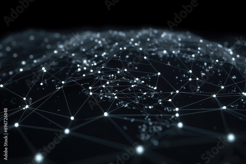 World map with glowing lines and dots on dark background. 3D rendering, Black and white global network connection on a curved world map hologram, AI Generated