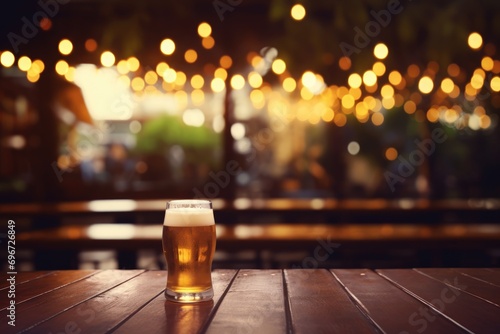 Stampa su tela Glass of beer on wooden table in pub or bar with bokeh background, Bokeh backgro