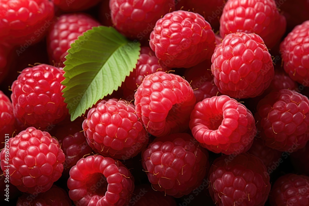 Ripe raspberries with fresh leaves on a white background, captured with cinematic lighting and detailed clarity. Generative AI. Ripe raspberries with fresh leaves on a white background, captured with cinematic lighting and detailed clarity. Generative AI.