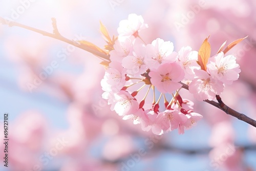 cherry blossom sakura flower on blue sky background - vintage filter, Cherry blossom sakura in springtime, shallow depth of field, AI Generated