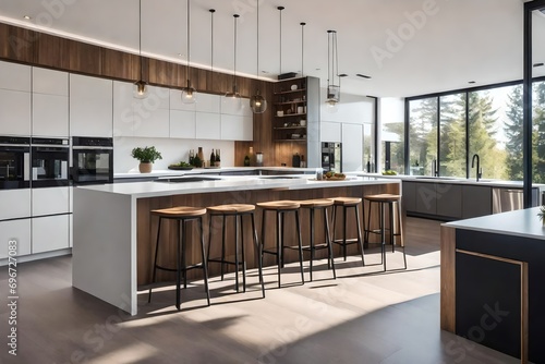 **modern house with open kitchen and stools at counter.