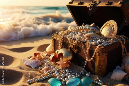 Treasure chest with jewelry on the sand near the sea. Selective focus, An open treasure chest filled with gold and jewelry on the beach, AI Generated photo