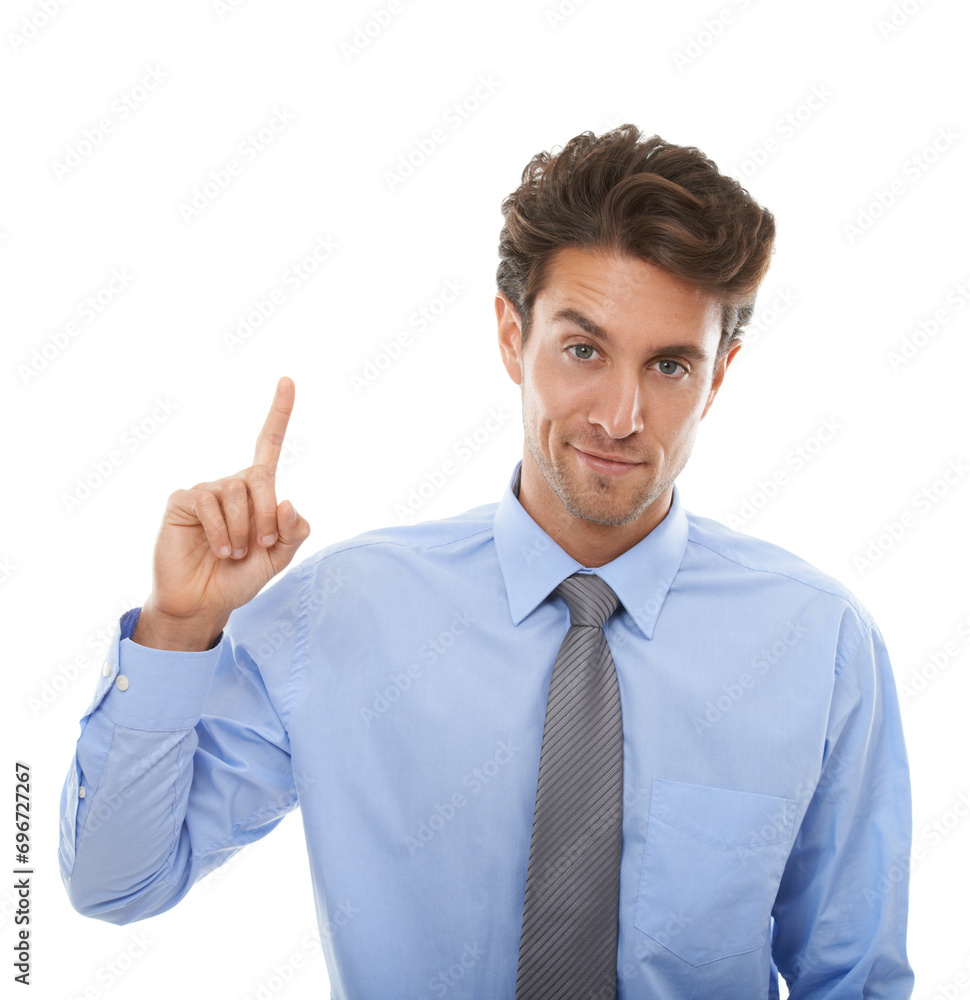 Business man, pointing up and advertising information in portrait, corporate presentation for investment opportunity. Promotion, financial information with investor and professional offer in studio Business man, pointing up and advertising information in portrait, corporate presentation for investment opportunity. Promotion, financial information with investor and professional offer in studio