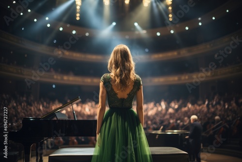 Female pianist in a green dress standing in front of the concert hall  Back view of a girl in a green evening dress set against the backdrop of a concert hall  AI Generated